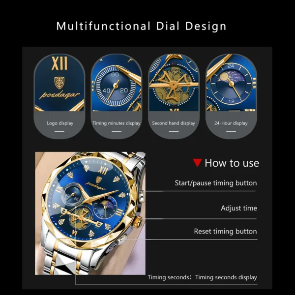 POEDAGAR Luxury Man Wristwatch Waterproof Luminous Chronograph Watch for Men Stainless Steel Men's Quartz Watches reloj hombre - Image 4